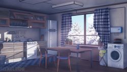 Rule 34 | artist name, blue theme, chair, commentary, curtains, english commentary, foxeleos, highres, indoors, kitchen, no humans, original, plate, refrigerator, roomscape, scenery, shadow, table, trash can, washing machine, watermark, window, wooden floor