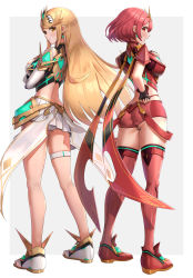 Rule 34 | 2girls, ahoge, ass, bare shoulders, blonde hair, blush, breasts, butt crack, chest jewel, circlet, cleavage cutout, clothing cutout, fingerless gloves, from behind, gloves, gonzarez, highres, large breasts, long hair, looking at viewer, looking back, multiple girls, mythra (xenoblade), open mouth, panties, pantyshot, pyra (xenoblade), red eyes, red hair, red shorts, scarf, shiny skin, short hair, short shorts, shorts, sideboob, skirt, swept bangs, thigh strap, thighhighs, underwear, very long hair, xenoblade chronicles (series), xenoblade chronicles 2