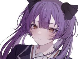 Rule 34 | 1girl, :/, black bow, blazer, blue jacket, blush, bow, closed mouth, commentary request, dot nose, expressionless, hair bow, highres, jacket, long hair, nekoashi tsubomi, orange eyes, portrait, purple hair, simple background, solo, tot oxo, twintails, two side up, white background, world dai star