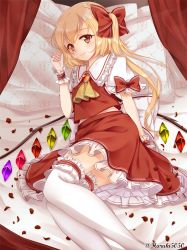 Rule 34 | 1girl, artist name, ascot, blonde hair, bow, bridal garter, brooch, commentary request, curtains, feet out of frame, flandre scarlet, frilled shirt collar, frills, hair bow, hand up, haruki (colorful macaron), jewelry, looking at viewer, lying, petals, petticoat, pillow, puffy short sleeves, puffy sleeves, red bow, red curtains, red eyes, red skirt, red vest, short sleeves, skirt, smile, solo, thighhighs, touhou, twitter username, vest, white thighhighs, wings, wrist cuffs, yellow ascot, zettai ryouiki