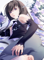 Rule 34 | 1boy, ass, bare shoulders, barefoot, black hair, blue eyes, detached sleeves, flower, fuuchouin kazuki, getbackers, highres, long hair, lying, male focus, open clothes, open shirt, pants, papillon10, petals, rose, shirt, solo, trap, water
