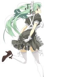 Rule 34 | 1girl, alternate costume, anime coloring, apron, bad id, bad pixiv id, black dress, black footwear, dress, embarrassed, enmaided, gloves, green eyes, green hair, hakuto (artist), hatsune miku, high heels, hiro (dismaless), looking back, maid, maid apron, mary janes, matching hair/eyes, shoes, solo, standing, standing on one leg, thighhighs, twintails, vocaloid, white background, white gloves, white thighhighs, zettai ryouiki