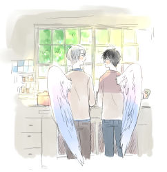 Rule 34 | 2boys, backlighting, bad id, bad pixiv id, beige shirt, black hair, blue eyes, blush stickers, border, brown eyes, brown shirt, cabinet, closed mouth, cropped legs, cup, denim, eye contact, feathered wings, feet out of frame, from behind, glasses, grey hair, holding, holding cup, ima (minitomato123), indoors, jar, jeans, jitome, katsuki yuuri, kitchen, light smile, long sleeves, looking at another, looking to the side, male focus, multiple boys, nape, oven, pants, pot, profile, shirt, side-by-side, single wing, spice rack, standing, sunlight, tareme, tile wall, tiles, tree, two-tone shirt, viktor nikiforov, wall, white border, white wings, window, wings, yuri!!! on ice