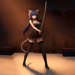 Rule 34 | 1girl, :3, animal ear fluff, animal ears, black dress, black thighhighs, blue hair, bow, breasts, cat ears, cat girl, cat tail, cleavage, closed mouth, commentary, dress, english commentary, garter straps, hair bow, highres, holding, holding sword, holding weapon, indoors, katana, large breasts, long hair, looking at viewer, noihara himari, noobcakeart, omamori himari, pink bow, ponytail, purple eyes, smile, solo, standing, sword, tail, thighhighs, very long hair, weapon, zettai ryouiki