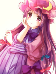 Rule 34 | 1girl, arm support, capelet, coat, crescent, dress, hair ribbon, hat, kashiwagi chisame, long hair, looking at viewer, mob cap, open clothes, open coat, patchouli knowledge, purple dress, purple eyes, purple hair, ribbon, solo, striped clothes, striped dress, touhou, tress ribbon, very long hair