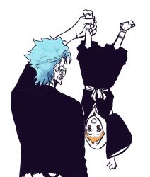 Rule 34 | 2boys, bleach, blue hair, bone, brown eyes, choko egg, dangling, grimmjow jaegerjaquez, highres, holding another&#039;s foot, kurosaki kazui, looking at another, male focus, multiple boys, open mouth, orange hair, sandals, short hair, upper body, upside-down, white background, zouri