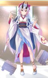 Rule 34 | 1girl, between fingers, blush, bow, closed mouth, fate/grand order, fate (series), fingernails, full body, gradient hair, hair between eyes, hair bow, hands up, head tilt, highres, holding, horns, japanese clothes, kimono, long hair, long sleeves, looking at viewer, multicolored hair, obi, oni, oni horns, red bow, red hair, sash, shoes, shogi piece, silver hair, smile, solo, standing, tapioka (oekakitapioka), tomoe gozen (fate), very long hair, white footwear, white kimono, wide sleeves
