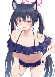 Rule 34 | 1girl, alexmaster, animal ears, armpits, bare shoulders, bikini, bikini skirt, black bikini, black hair, blue archive, collarbone, cowboy shot, fang, frilled bikini, frills, hair ribbon, halo, halterneck, hand on own hip, hand on own thigh, leaning forward, long hair, looking at viewer, navel, off-shoulder bikini, off shoulder, open mouth, red eyes, ribbon, serika (blue archive), serika (swimsuit) (blue archive), simple background, solo, standing, stomach, string bikini, swimsuit, thighs, twintails, very long hair, white background