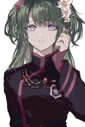 1girl badge black_coat black_order_uniform coat d.gray-man fingerless_gloves flower gloves green_hair hair_flower hair_ornament hair_ribbon hand_in_own_hair highres lenalee_lee light_smile long_hair looking_to_the_side military military_uniform purple_eyes red_gloves red_ribbon red_stripes ribbon short_twintails signature sodamachi solo striped_coat twintails white_flower