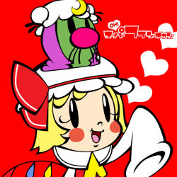 Rule 34 | 2girls, animal, animal on head, ascot, blonde hair, blush, blush stickers, chamupei, chibi, crescent moon, female focus, flandre scarlet, hat, hat ribbon, heart, long hair, long sleeves, moon, multiple girls, on head, open mouth, parody, patchouli knowledge, purple hair, red background, ribbon, short hair, side ponytail, sleeves past wrists, smile, solid oval eyes, style parody, super milk-chan, touhou, wings