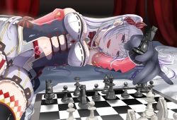 Rule 34 | 1girl, :d, absurdres, board game, bow, bowtie, breasts, caro (shironeko project), chess, chess piece, chessboard, earrings, elbow gloves, fangs, foreshortening, gloves, hair ribbon, half-closed eyes, heart, highres, holding, jewelry, long hair, lying, multicolored hair, navel, on side, open mouth, purple eyes, purple hair, ravejaeger, ribbon, shironeko project, shorts, silver hair, smile, solo, thighhighs, twintails, two-tone hair