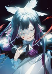 Rule 34 | 1girl, absurdres, black hair, blood, blood on face, blood on hands, blurry, blurry background, bow, closed eyes, closed mouth, columbina (genshin impact), commentary request, facing viewer, genshin impact, hair over shoulder, hand on own chest, hand up, head wings, highres, long hair, long sleeves, lower teeth only, mask, multicolored hair, open mouth, parted hair, partial commentary, purple hair, sainome (imveryfinethx), solo, straight hair, teeth, white wings, wings