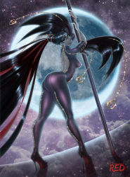 Rule 34 | 1girl, artist name, ass, bayonetta, bayonetta (series), black hair, blue eyes, bodysuit, breasts, elbow gloves, flannaganthered, from behind, glasses, gloves, high heels, highres, huge ass, latex, lips, long hair, looking at viewer, looking back, medium breasts, moon, pole, solo, standing, very long hair