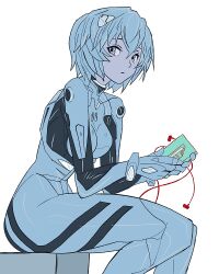 Rule 34 | 1girl, ayanami rei, blue bodysuit, blue hair, bodysuit, breasts, cassette player, earphones, feet out of frame, from side, holding, interface headset, looking at viewer, lukish, medium breasts, neon genesis evangelion, plugsuit, short hair, simple background, sitting, solo, spot color, white background
