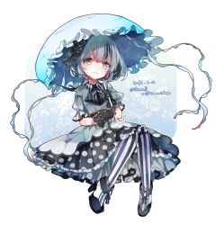Rule 34 | 1girl, 2016, black gloves, black hair, blue eyes, borrowed character, bubble, dated, dress, eyebrows, frills, full body, gloves, hair ornament, high heels, highres, inset, knees together feet apart, komeko meko (mecolate), lolita fashion, looking at viewer, multicolored hair, original, pantyhose, parasol, polka-chan, polka dot, polka dot dress, puffy short sleeves, puffy sleeves, short hair, short hair with long locks, short sleeves, silver hair, solo, star-shaped pupils, star (symbol), striped clothes, striped pantyhose, symbol-shaped pupils, twitter username, umbrella, vertical-striped clothes, vertical-striped pantyhose, wavy mouth, white background