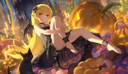 Rule 34 | 1girl, animal, ankle cuffs, artist name, bare shoulders, barefoot, bat wings, black cat, black choker, black dress, black wings, blonde hair, candle, cat, choker, cityscape, commentary request, dress, hair ornament, halloween, highres, jack-o&#039;-lantern, jack-o&#039;-lantern hair ornament, legs, long hair, monogatari (series), observerz, oshino shinobu, pumpkin, red eyes, sitting, solo, toes, wings, yellow eyes