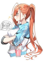 Rule 34 | 1girl, absurdres, arisugawa natsuha, black eyes, crossed arms, cup, from side, haruyuki (gffewuoutgblubh), highres, holding, holding cup, idolmaster, idolmaster shiny colors, jacket, long hair, open clothes, open jacket, orange hair, ponytail, shirt, simple background, solo, sonoda chiyoko, swept bangs, upper body, white background, white shirt