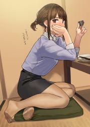 Rule 34 | 1girl, black skirt, blush, brown eyes, brown hair, brown pantyhose, choko (cup), chopsticks, collared shirt, commentary request, cup, douki-chan (douki-chan), ganbare douki-chan, hand on own cheek, hand on own face, highres, holding, holding cup, indoors, looking at viewer, no shoes, office lady, pantyhose, see-through, see-through legwear, shirt, shirt tucked in, sitting, skirt, solo, table, translation request, yomu (sgt epper)
