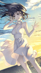 Rule 34 | 1girl, adjusting hair, armpits, artist name, bare shoulders, beach, breasts, brown eyes, brown hair, cleavage, closed mouth, cloud, cloudy sky, collarbone, cowboy shot, dress, floating hair, hand up, highres, light particles, long hair, looking at viewer, medium breasts, nardack, ocean, original, outstretched arm, reflection, reflective water, sideboob, signature, sky, sleeveless, sleeveless dress, smile, solo, standing, sundress, sunset, symbol-only commentary, wavy hair, white dress, wind, wind lift
