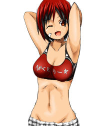 Rule 34 | 1girl, armpits, arms behind head, arms up, bandaid, breasts, cleavage, dead or alive, dead or alive 5, groin, large breasts, midriff, mila (doa), multicolored hair, najaran (pixiv), navel, one eye closed, red eyes, red hair, short hair, shorts, solo, sports bra, suzuna (najaran), tecmo, two-tone hair, wink