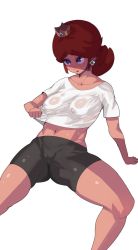 Rule 34 | 1girl, black shorts, blouse, blue eyes, breasts, brown hair, cameltoe, collarbone, crotch, earrings, highres, jewelry, leaning back, looking up, mario (series), medium breasts, midriff, navel, nintendo, open mouth, princess daisy, see-through, see-through shirt, shadow, shirt, shirt tug, shorts, simple background, sitting, sorian66, spread legs, super mario land, sweat, t-shirt, thighs, tiara, wet, wet clothes, wet shirt, white background, white shirt