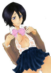 Rule 34 | 1girl, black hair, bleach, bottomless, clothes lift, covered erect nipples, embarrassed, female focus, kuchiki rukia, no bra, no panties, pussy, school uniform, see-through, shirt lift, short hair, simple background, skirt, solo, uncensored, undressing, uniform, wet, white background