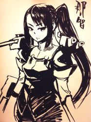 Rule 34 | 10s, 1girl, breasts, ink (medium), kanemaki thomas, kantai collection, long hair, monochrome, nachi (kancolle), personification, shoulder cannon, side ponytail, small breasts, solo, traditional media