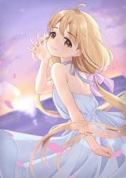 Rule 34 | 1girl, absurdres, ahoge, backless dress, backless outfit, blonde hair, blurry, blurry background, blush, dress, falling petals, floating hair, futaba anzu, grin, highres, horizon, idolmaster, idolmaster cinderella girls, kashika (siiika), lens flare, long hair, looking at viewer, looking back, outdoors, petals, smile, solo, sunset, twintails, very long hair, waving, white dress