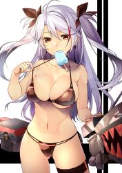 Rule 34 | 1girl, azur lane, bare arms, bare shoulders, bikini, bikini top lift, breasts, brown bikini, brown eyes, byte (allbyte), cameltoe, clothes lift, cowboy shot, fingernails, flag print, food, german flag bikini, gluteal fold, hair between eyes, highres, large breasts, legband, lifting own clothes, long hair, machinery, mouth hold, navel, popsicle, prinz eugen (azur lane), prinz eugen (unfading smile) (azur lane), purple hair, side-tie bikini bottom, skindentation, solo, standing, swimsuit, thigh strap, two side up