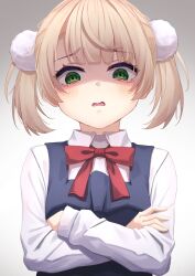Rule 34 | 1girl, absurdres, aged down, blonde hair, blue dress, blush, bow, bowtie, collared shirt, commentary request, crossed arms, disgust, dress, green eyes, highres, indie virtual youtuber, long sleeves, looking at viewer, open mouth, pinafore dress, red bow, red bowtie, school uniform, shaded face, shigure ui (vtuber), shigure ui (vtuber) (young), shirt, short hair, simple background, sleeveless, sleeveless dress, solo, starkamisan, twintails, upper body, virtual youtuber, white shirt