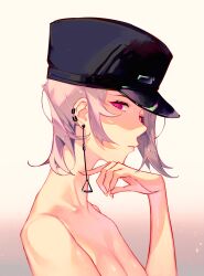 Rule 34 | 1girl, bare shoulders, black hat, breasts, chainsaw man, closed mouth, earrings, fami (chainsaw man), hand on own chin, hat, highres, jewelry, looking at viewer, looking down, medium breasts, medium hair, nude, pink eyes, pink hair, reinene, solo, tassel, tassel earrings, topless