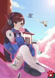 Rule 34 | 3girls, animal print, architecture, armor, blonde hair, blue sky, blue theme, bodysuit, boots, breasts, brown eyes, brown hair, blowing bubbles, building, cherry blossoms, chewing gum, cloud, cloudy sky, d.va (overwatch), day, east asian architecture, emblem, facepaint, facial mark, gun, halo, headphones, helmet, high ponytail, indian style, jetpack, logo, long hair, looking at viewer, mecha, mechanical halo, mechanical wings, meka (overwatch), mercy (overwatch), multiple girls, nekomo, overwatch, overwatch 1, paw print, pharah (overwatch), pilot suit, ponytail, power armor, rabbit, rabbit print, robot, rocket launcher, short hair, sitting, sky, staff, sun, sunlight, swept bangs, thigh boots, thighhighs, thrusters, traditional media, turtleneck, watercolor pencil (medium), weapon, whisker markings, white footwear, white legwear, wings