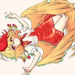 Rule 34 | 1girl, bird wings, blonde hair, bright pupils, carbohydrate (asta4282), dress, hair between eyes, highres, looking at viewer, lying, multicolored hair, niwatari kutaka, on back, open mouth, orange dress, red eyes, red hair, shirt, short hair, short sleeves, simple background, solo, touhou, two-tone hair, white pupils, white shirt, wings, yellow background, yellow wings