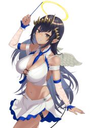 Rule 34 | 1girl, absurdres, arm up, between breasts, black hair, blue necktie, blush, breasts, brown eyes, cleavage, commentary request, cowboy shot, crop top, detached sleeves, fake wings, grin, halo, highres, holding, holding wand, large breasts, long hair, looking at viewer, medium bangs, midriff, miniskirt, nanashi inc., navel, necktie, necktie between breasts, pointy ears, sankyo (821-scoville), see-through, see-through sleeves, shimamura charlotte, shirt, simple background, skirt, skirt set, sleeveless, sleeveless shirt, smile, solo, tan, transparent background, very long hair, virtual youtuber, wand, white shirt, white skirt, white wings, wings, yellow halo