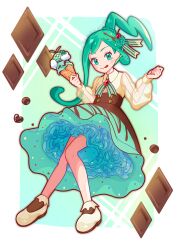 Rule 34 | 1girl, alternate costume, arutarika (ri kaoekaki), buttons, cherry hair ornament, chocolate, clenched hand, closed mouth, commentary request, creatures (company), eyelashes, food, food-themed hair ornament, frills, game freak, gen 3 pokemon, green eyes, green hair, hair ornament, highres, holding, ice cream, ice cream cone, lisia (pokemon), long sleeves, looking at viewer, nintendo, pokemon, pokemon oras, see-through, see-through sleeves, shirt, shoes, skirt, smile, socks, solo, swablu, tongue, tongue out