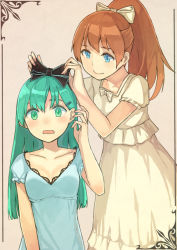 Rule 34 | 10s, 2girls, adjusting bow, alternate costume, aqua eyes, black bow, blue dress, blush, bow, brown hair, collarbone, dress, formal, frilled sleeves, frills, green eyes, green hair, hair bow, hair ornament, hairclip, kantai collection, kumano (kancolle), long hair, multiple girls, open mouth, peroncho, ponytail, short sleeves, simple background, suzuya (kancolle), wavy mouth, white dress