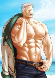 Rule 34 | 1boy, abs, artist logo, bara, beach, blurry, blurry background, cloud, cloudy sky, day, facial hair, jacket, jacket on shoulders, kokorozashi, large pectorals, leather, leather belt, looking to the side, male focus, manly, mature male, messy hair, muscular, muscular male, navel, nipples, ocean, one piece, pants, pectorals, scar, scar on face, sky, smoke, smoker (one piece), smoking, solo, sweat, sweatdrop, teeth, thick arms, topless male, undercut, veins, veiny arms, white hair, yellow eyes