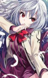 Rule 34 | 1girl, black gemstone, blue background, bow, bowtie, brown jacket, collared shirt, eyelashes, feathered wings, feathers, floating, gradient background, hand on own chin, jacket, katayama kei, kishin sagume, long sleeves, miniskirt, official art, open clothes, open jacket, open mouth, purple shirt, purple skirt, red bow, red bowtie, red eyes, shirt, short hair, single wing, skirt, sparkle, striped clothes, striped shirt, third-party source, touhou, touhou cannonball, vertical-striped clothes, vertical-striped shirt, white hair, white wings, wings
