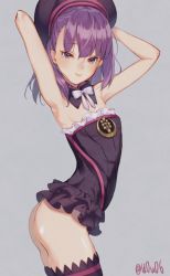Rule 34 | 1girl, arm behind head, armpits, arms up, ass, bare arms, bare shoulders, black hat, black thighhighs, bottomless, bow, bowtie, breasts, cleavage, cowboy shot, detached collar, eyelashes, fate/grand order, fate (series), frills, from side, grey background, hand on headwear, hat, helena blavatsky (fate), looking at viewer, purple eyes, purple hair, short hair, simple background, small breasts, smile, solo, strapless, thighhighs, twisted torso, twitter username, white bow, white bowtie, you06