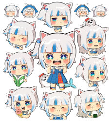 Rule 34 | 1girl, :&gt;, :&lt;, :i, :o, :t, = =, angry, animal, animal ears, animal hood, animal on head, bare arms, belt, blue dress, blue eyes, blue hair, blush, book, chibi, closed eyes, closed mouth, cropped torso, crossed arms, cube hair ornament, dress, eating, facing ahead, fins, fish tail, food, food on face, furrowed brow, gawr gura, gawr gura (party dress), grey hair, hair ornament, hands up, happy, highres, holding, holding book, holding food, holding ice cream, hololive, hololive english, hood, hood up, humming, ice cream, kemonomimi mode, long hair, looking ahead, looking at viewer, multicolored eyes, multicolored hair, multiple views, music, nanakoro0402, official alternate costume, on head, onigiri, open book, open mouth, own hands together, pout, reading, rice, rice on face, shark, shark hood, sharp teeth, shirt, shoes, short sleeves, side ponytail, sidelocks, simple background, singing, soft serve, standing, streaked hair, t-shirt, tail, tearing up, teeth, two side up, virtual youtuber, white background, yellow eyes, yellow footwear