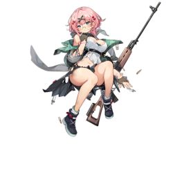 Rule 34 | 1girl, 7.62x39mm, ammunition, arm up, artist request, bandaid, bandaid on arm, bare shoulders, belt, black footwear, black scarf, blush, boots, bow, breasts, bullet, cleavage, closed mouth, damaged, fingerless gloves, full body, girls&#039; frontline, glasses, gloves, green eyes, grey gloves, grey jacket, gun, hair bow, hair ornament, intermediate cartridge, jacket, large breasts, legs, long sleeves, looking at viewer, navel, off shoulder, official art, rifle, rifle cartridge, round eyewear, scarf, shell, shirt, short hair, short hair with long locks, shotgun shell, sidelocks, sitting, skirt, sniper rifle, socks, solo, stomach, tabuk (girls&#039; frontline), tabuk sniper rifle, torn clothes, torn gloves, torn jacket, torn shirt, torn skirt, torn sleeves, transparent background, weapon, white shirt, white socks, x hair ornament