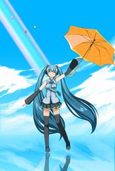 Rule 34 | 1girl, ^ ^, arm up, bad id, bad pixiv id, balloon, closed eyes, cloud, detached sleeves, closed eyes, hatsune miku, long hair, miniskirt, necktie, pleated skirt, rainbow, reflection, ripples, skirt, sky, smile, solo, thighhighs, twintails, umbrella, very long hair, vocaloid, yakitori (oni)