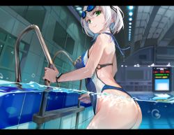 Rule 34 | 1girl, absurdres, alternate breast size, ass, blue one-piece swimsuit, blush, breasts, closed mouth, from side, goggles, goggles on head, green eyes, highres, hololive, large breasts, letterboxed, looking at viewer, looking to the side, one-piece swimsuit, partially submerged, pool, pool ladder, shirogane noel, short hair, silver hair, smile, solo, swimsuit, virtual youtuber, watch, water, wet, wet hair, wristwatch, yoshikawa hiro