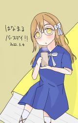 Rule 34 | 1girl, artist name, artist request, bare legs, blue bow, blue dress, blue skirt, blush, bow, breasts, brown background, brown eyes, brown hair, buttons, cup, dress, female focus, frilled sleeves, frills, glasses, hair between eyes, hair bow, highres, holding, holding cup, kunikida hanamaru, light brown hair, long hair, long sleeves, looking at viewer, love live!, love live! school idol festival, love live! sunshine!!, miniskirt, mitaiken horizon, mitaiken horizon (love live!), parted lips, plaid, plaid dress, plaid skirt, pleated, pleated dress, pleated skirt, ribbon, skirt, small breasts, smile, solo, striped bow, striped ribbon, white bow, white legwear, white ribbon, yellow eyes