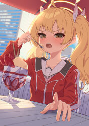 Rule 34 | 1girl, absurdres, ahoge, blonde hair, blue archive, blurry, blurry background, blush, cityscape, collarbone, commentary request, day, eating, food, fruit, hair ribbon, halo, highres, holding, holding spoon, hood, hoodie, ice cream, long sleeves, looking at viewer, marimo daifuku, medium hair, neckerchief, on chair, open mouth, outdoors, parasol, parfait, pink neckerchief, pink ribbon, red hoodie, ribbon, sailor collar, sitting, solo, spoon, strawberry, strawberry parfait, sunlight, table, teeth, two-tone ribbon, umbrella, upper body, upper teeth only, white ribbon, white sailor collar, wooden chair, wooden table, yellow eyes, yoshimi (blue archive)