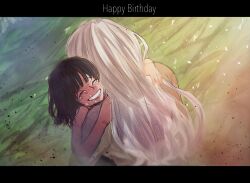 Rule 34 | 2girls, affectionate, aged down, ajtm007, black border, black hair, blunt bangs, border, child, commentary request, crying, happy birthday, hug, letterboxed, long hair, medium hair, multiple girls, nico olvia, nico robin, one piece, tears, white hair