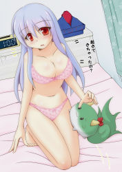Rule 34 | 1girl, alarm clock, barefoot, bed, bedroom, blue hair, blush, bow, bow bra, bow panties, bra, breasts, cleavage, clock, collarbone, commentary request, curtains, hat, unworn hat, head tilt, unworn headwear, horn ornament, horn ribbon, horns, indoors, kamishirasawa keine, kneeling, kurenaidahlia, lace, lace-trimmed bra, lace-trimmed panties, lace trim, large breasts, legs, light blue hair, light frown, long hair, looking at viewer, navel, notice lines, on bed, open mouth, panties, partial commentary, pink bra, pink panties, print bra, print panties, red bow, red eyes, ribbon, sidelocks, solo, stuffed animal, stuffed toy, sukusuku hakutaku, tokin hat, touhou, translated, underwear, underwear only