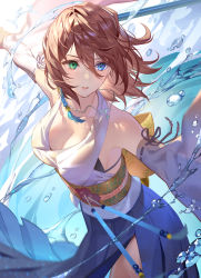 Rule 34 | 1girl, absurdres, armpits, bare shoulders, blue eyes, blue hakama, breasts, brown hair, cleavage, cowboy shot, detached sleeves, final fantasy, final fantasy x, final fantasy x-2, green eyes, hair ornament, hakama, hakama short skirt, hakama skirt, heterochromia, highres, huge filesize, japanese clothes, jewelry, looking away, medium breasts, medium hair, necklace, obi, outstretched arms, parted lips, pleated skirt, sash, shirt, side slit, skirt, solo, teffish, water, white shirt, wide sleeves, yuna (ff10)