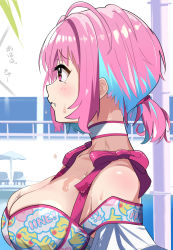 Rule 34 | 1girl, absurdres, ahoge, alternate hairstyle, bare shoulders, blue hair, blush, breasts, choker, closed mouth, clothes writing, day, from side, frown, highres, idolmaster, idolmaster cinderella girls, large breasts, mitche, multicolored hair, pink eyes, pink hair, profile, raised eyebrow, short hair, skindentation, solo, sweat, two-tone hair, upper body, yumemi riamu