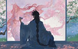 Rule 34 | 2boys, absurdres, alcohol, black hair, braid, braided ponytail, branch, cherry blossoms, closed eyes, coat, cup, day, facing another, floating clothes, floating hair, from behind, hair over one eye, highres, holding, holding cup, horns, ichimoku ren (onmyoji), indoors, japanese clothes, kimono, long hair, long sleeves, male focus, multiple boys, on floor, one eye covered, onmyoji, outstretched arm, painting (object), petals, pink hair, pink kimono, revealing layer, single braid, sitting, susabi (onmyoji), through medium, through screen, toasting (gesture), very long hair, white coat, wide sleeves, wind, ye (ran chiiipye)